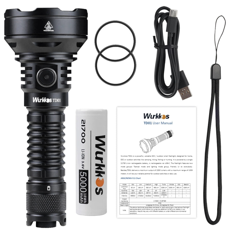 Mega thrower - Wurkkos TD01C 21700  SFT40 6500k  USB-C 2200LM Torch PMMA Lens Throw 1039M IPX8 Waterproof Tail Switch - battery included